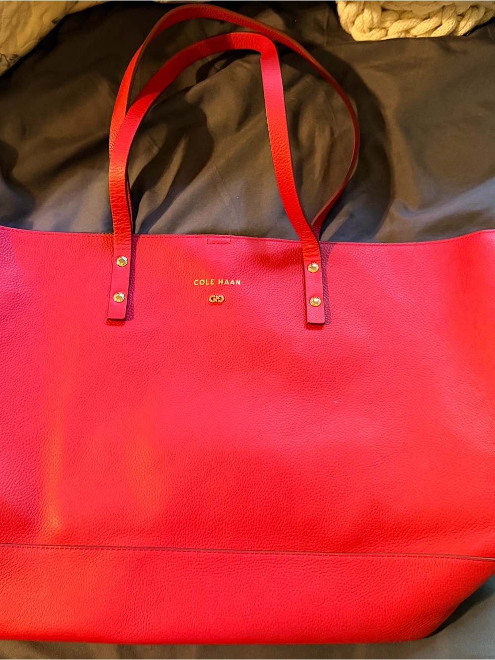 Cole Haan Bright Red Leather Tote with Gold Logo